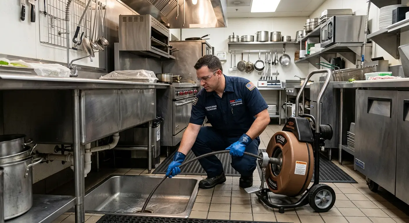 Commercial drain cleaning service in a restaurant kitchen in Conover