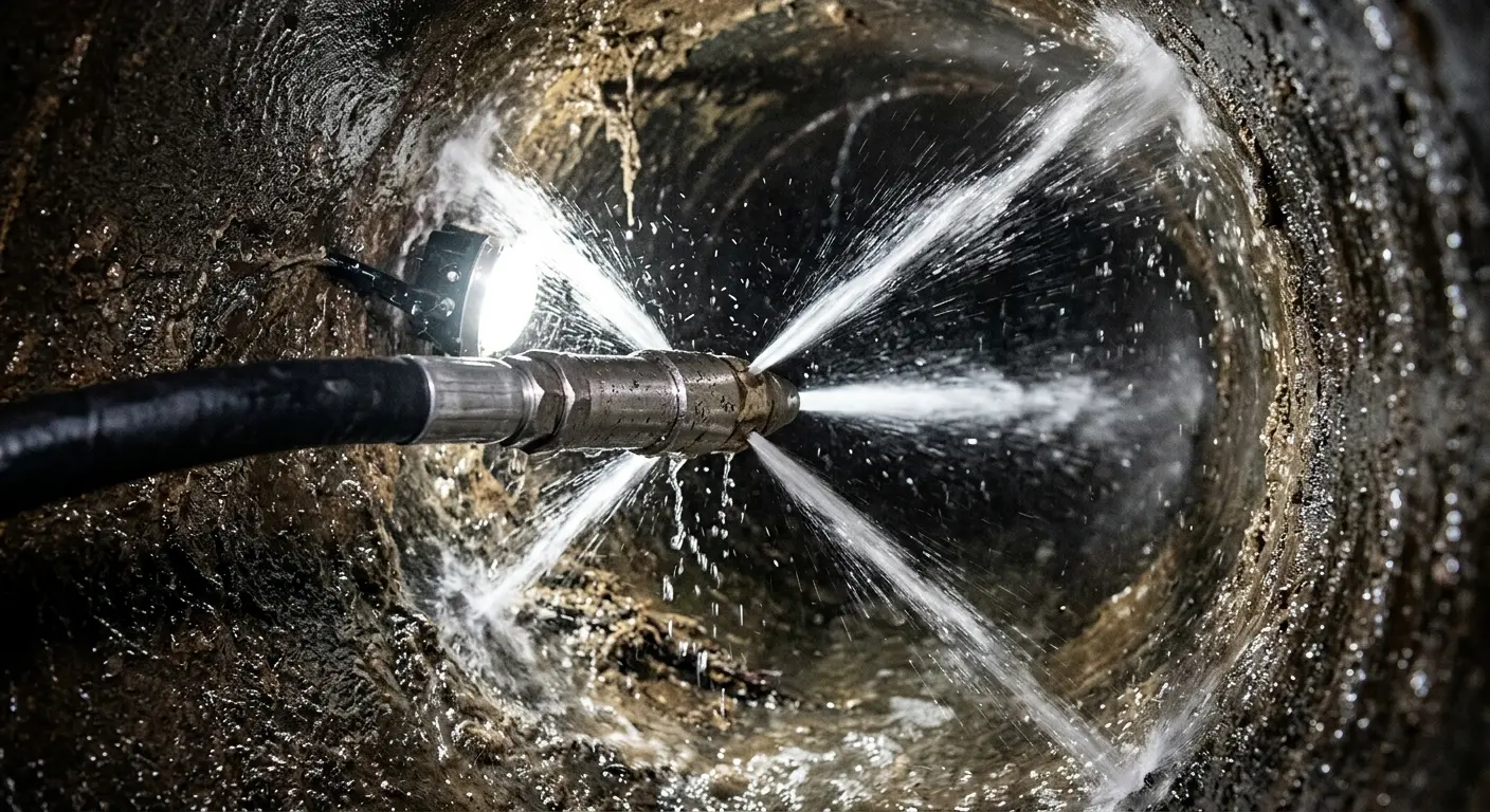 High-pressure hydro jetting nozzle cleaning sewer pipe for Emergency Drain Service in Conover