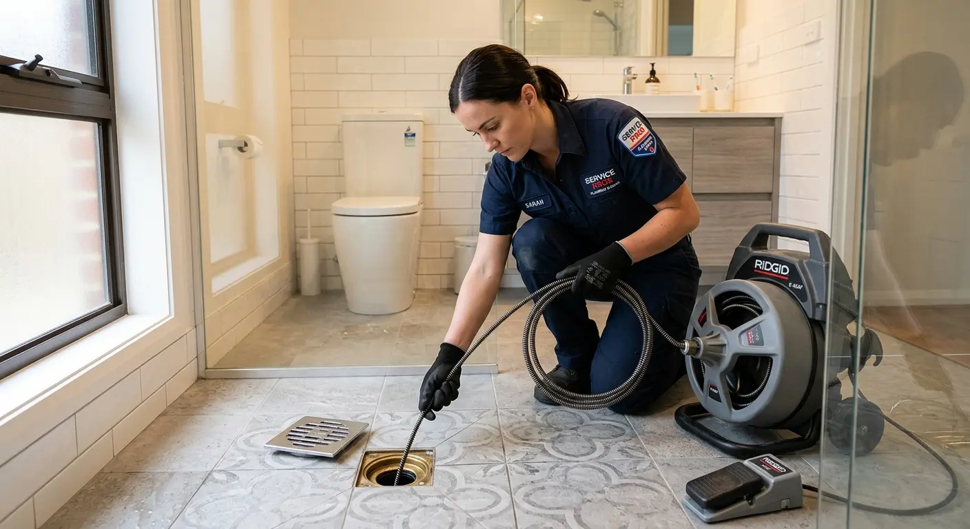 Technician clearing a bathroom floor drain for Clogged Drain Repair in Conover